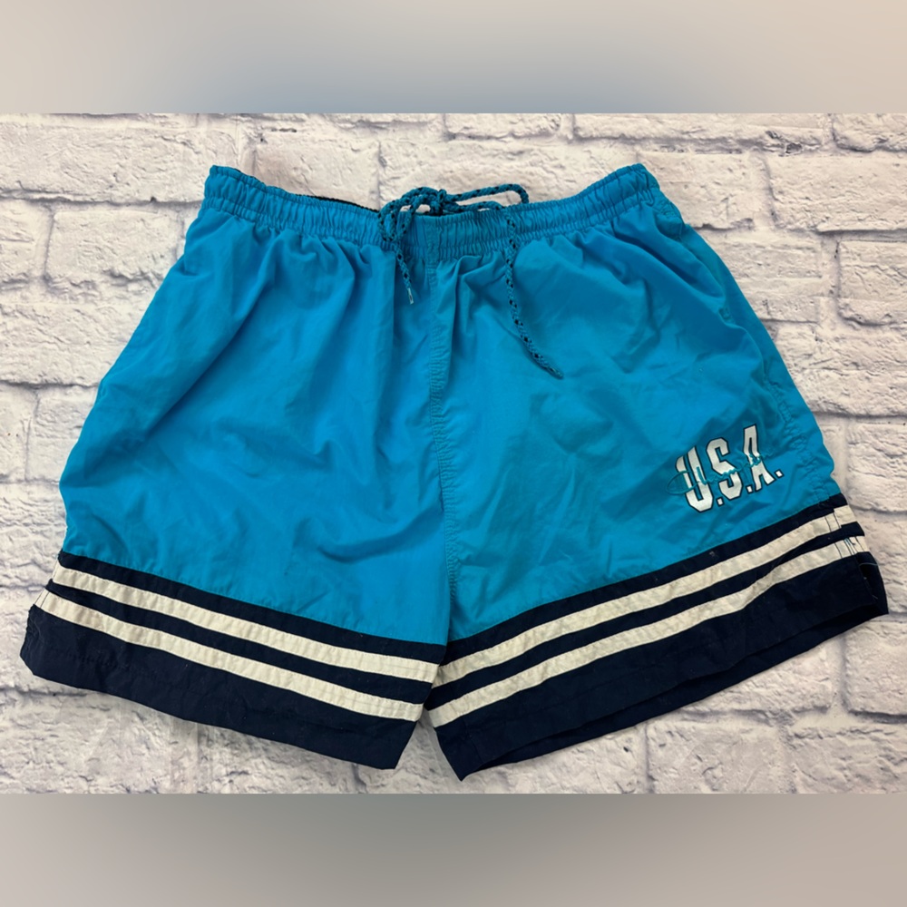 Champion sz med Vintage 1990s USA Blue Swim Trunks with Navy and White Stripes